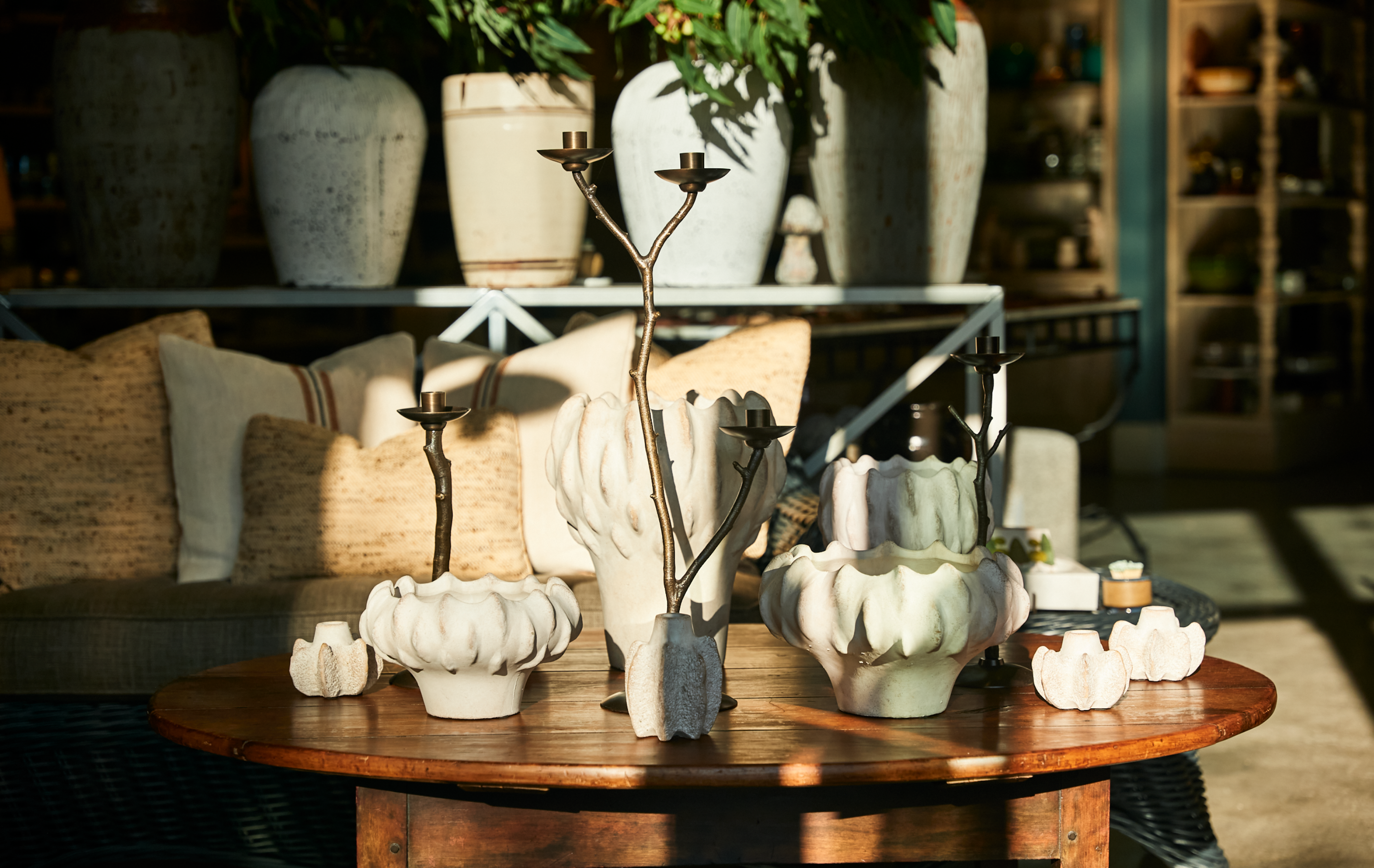 Home décor accents at Maude Woods Pasadena, featuring sculptural objects, vases, trays, and artisanal pieces that blend vintage and modern style.