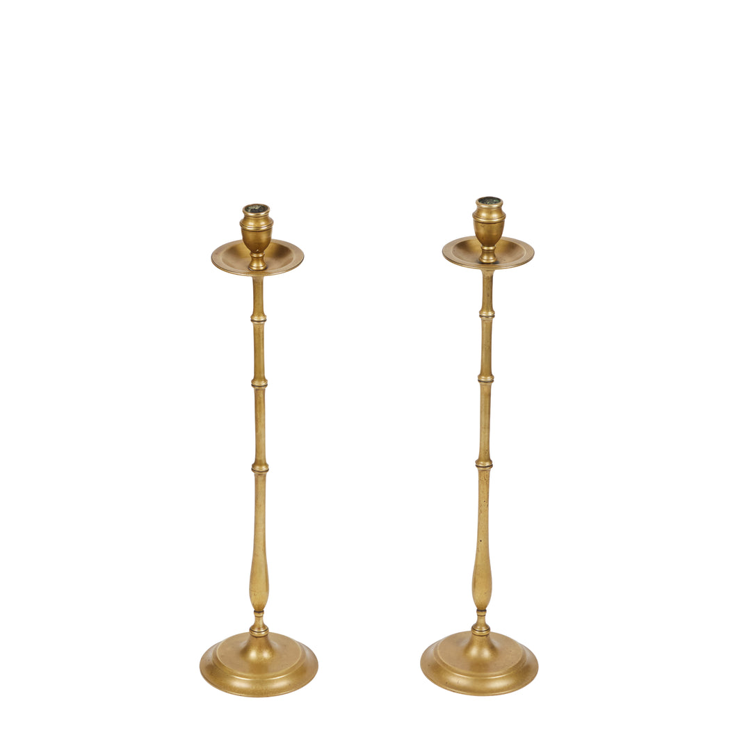 Vintage Tall Faux Bamboo Brass Candlesticks, England | Pair