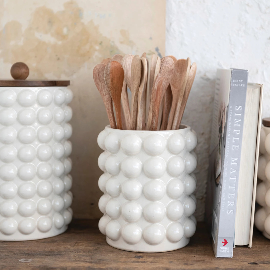 Stoneware Canister w/ Raised Dots & Acacia Wood Lid | B