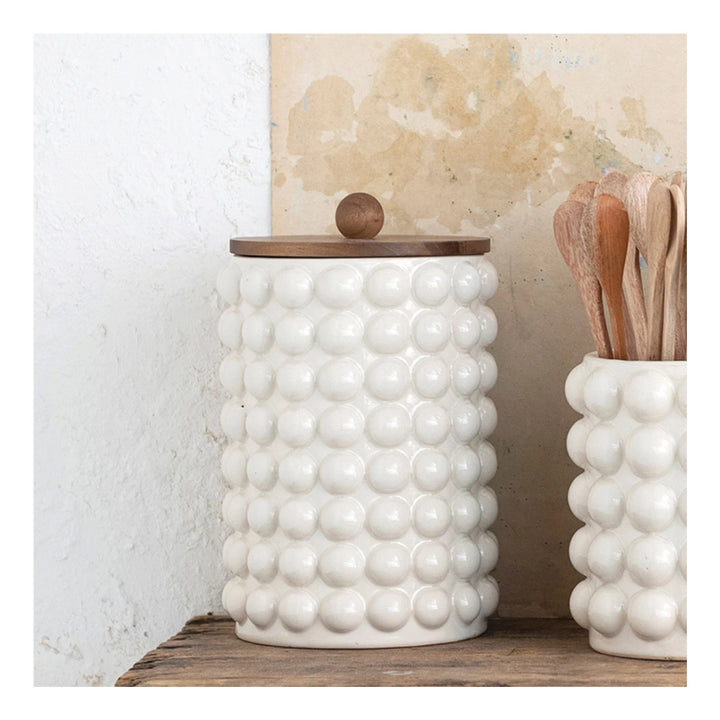 Stoneware Canister w/ Raised Dots & Acacia Wood Lid | C
