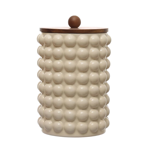 Stoneware Canister w/ Raised Dots & Acacia Wood Lid | C