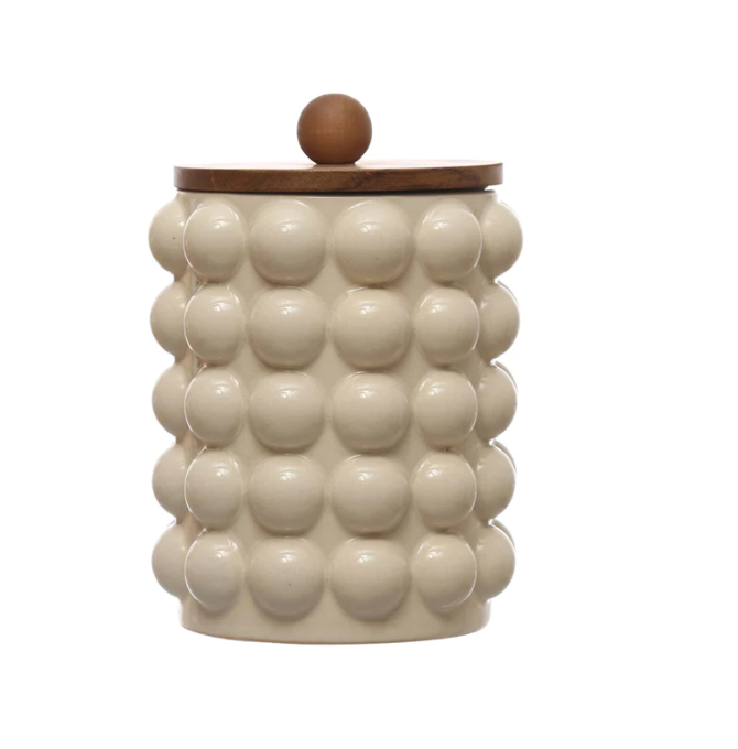 Stoneware Canister w/ Raised Dots & Acacia Wood Lid | B