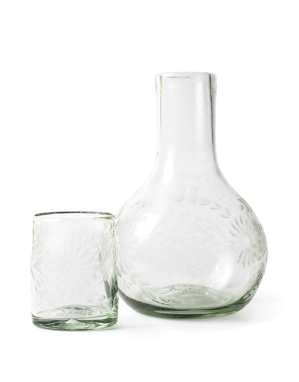 Floral Etched Bureau Carafe in Blown Recycled Glass — GARDENHEIR