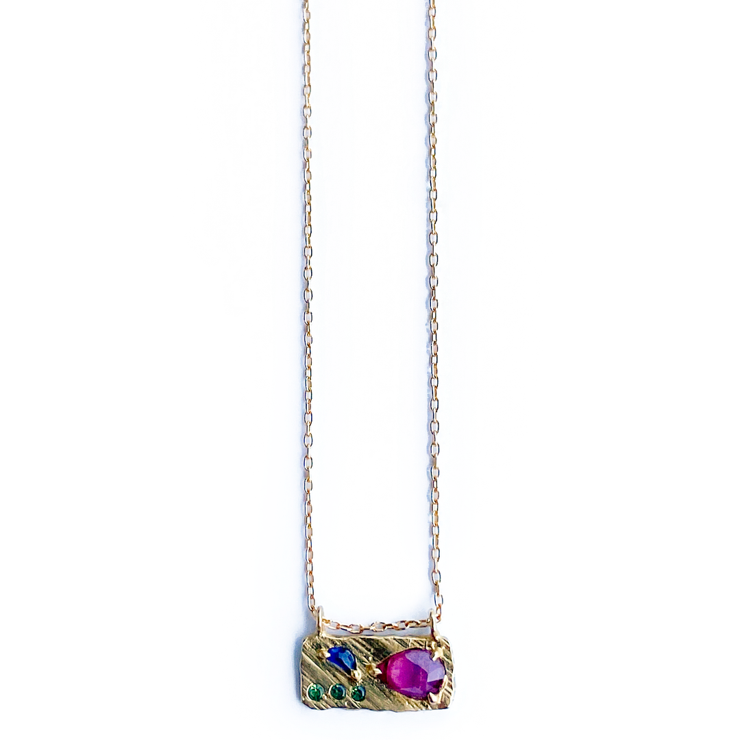 Lio & Linn Designs - 14K Small Collage Necklace in Ruby, Green Tourmaline & Blue Sapphire