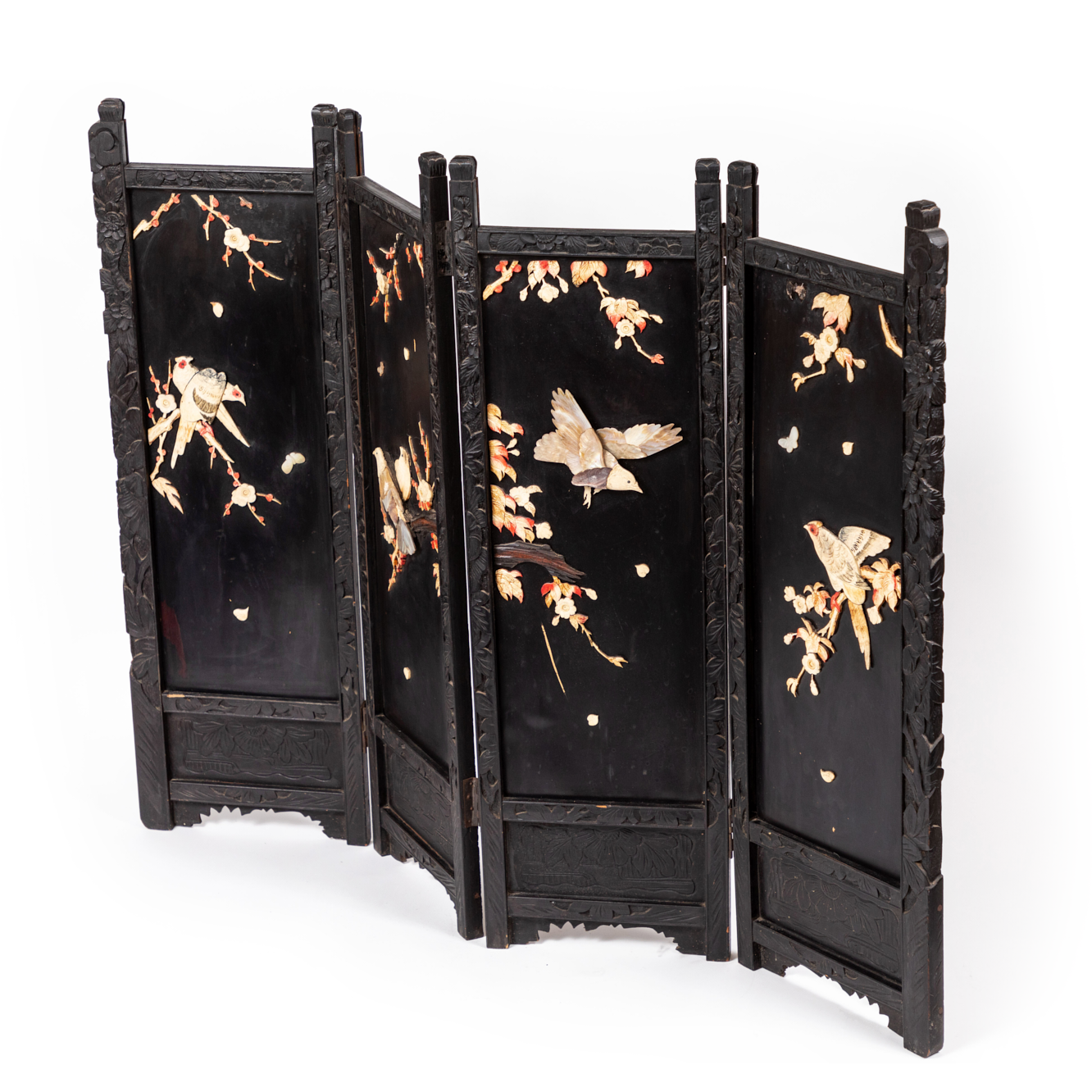 Screen Panel Carved, Hand Table Woods 4 Antique Lacquer Black – Folding Maude Top
