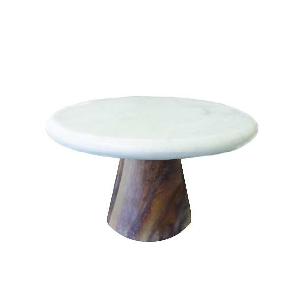 White Marble Cake Plate with Wood Base S Maude Woods