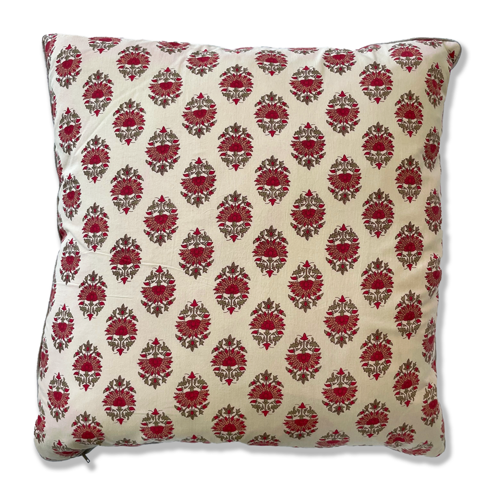 Custom 21" x 21" Hand Block Printed Cotton Pillow | Red+Olive