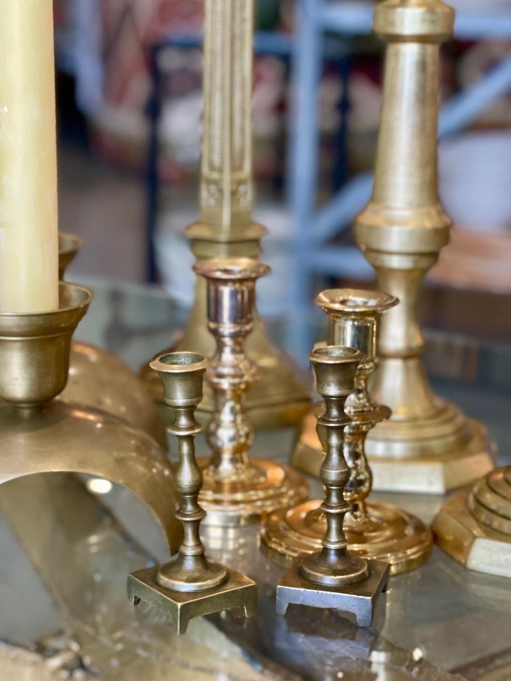 Vintage Short Turned Brass Candlesticks, Newly Polished | Pair