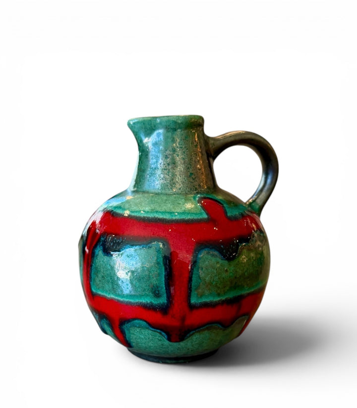 Small Vintage Pottery Pitcher w/ Red Drip Glaze Accent, Germany