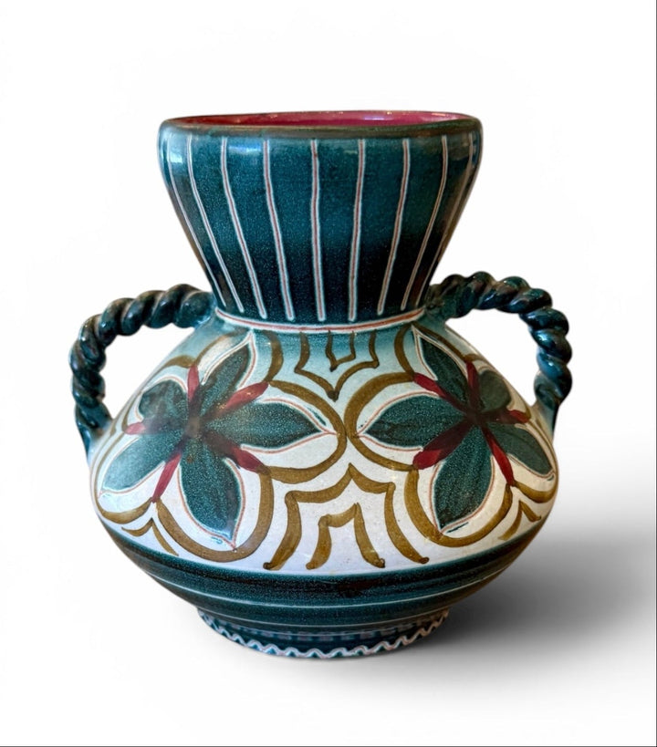 Vintage Hand-Painted Pottery Vase w/Twisted Handles, Norway