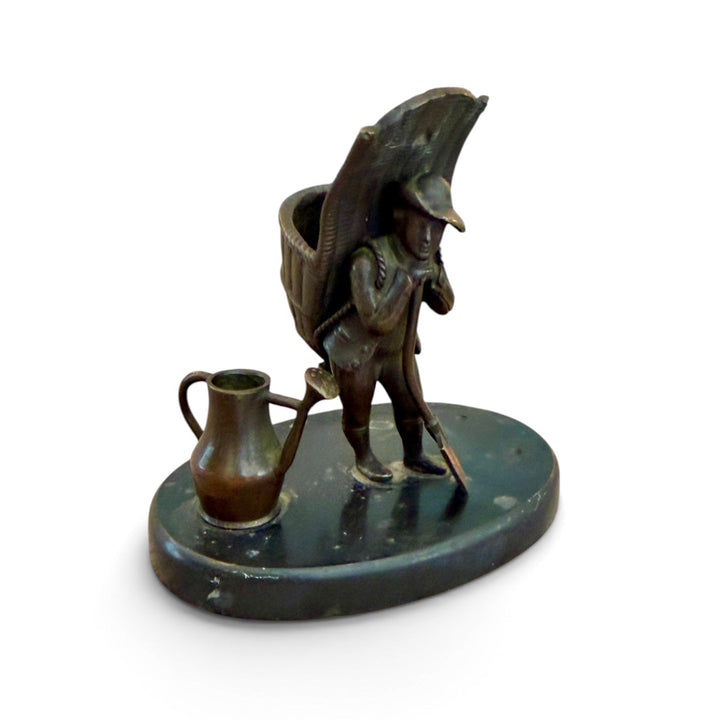 Antique Bronze Match Striker Figure of a Gardener w/ Basket on Marble Base
