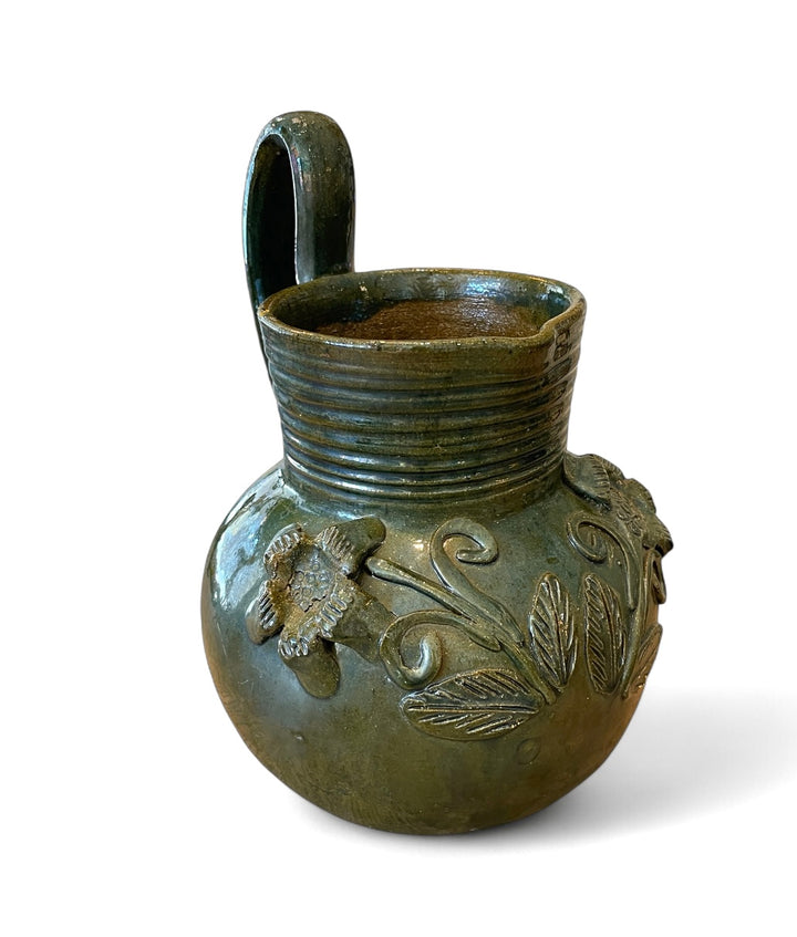 Vintage Mexican Terracotta Green Glaze Pitcher w/Floral Motif