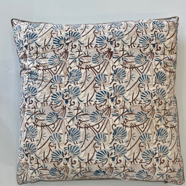 Custom 21" x 21" Hand Block Printed Cotton Pillow | Blue Fan