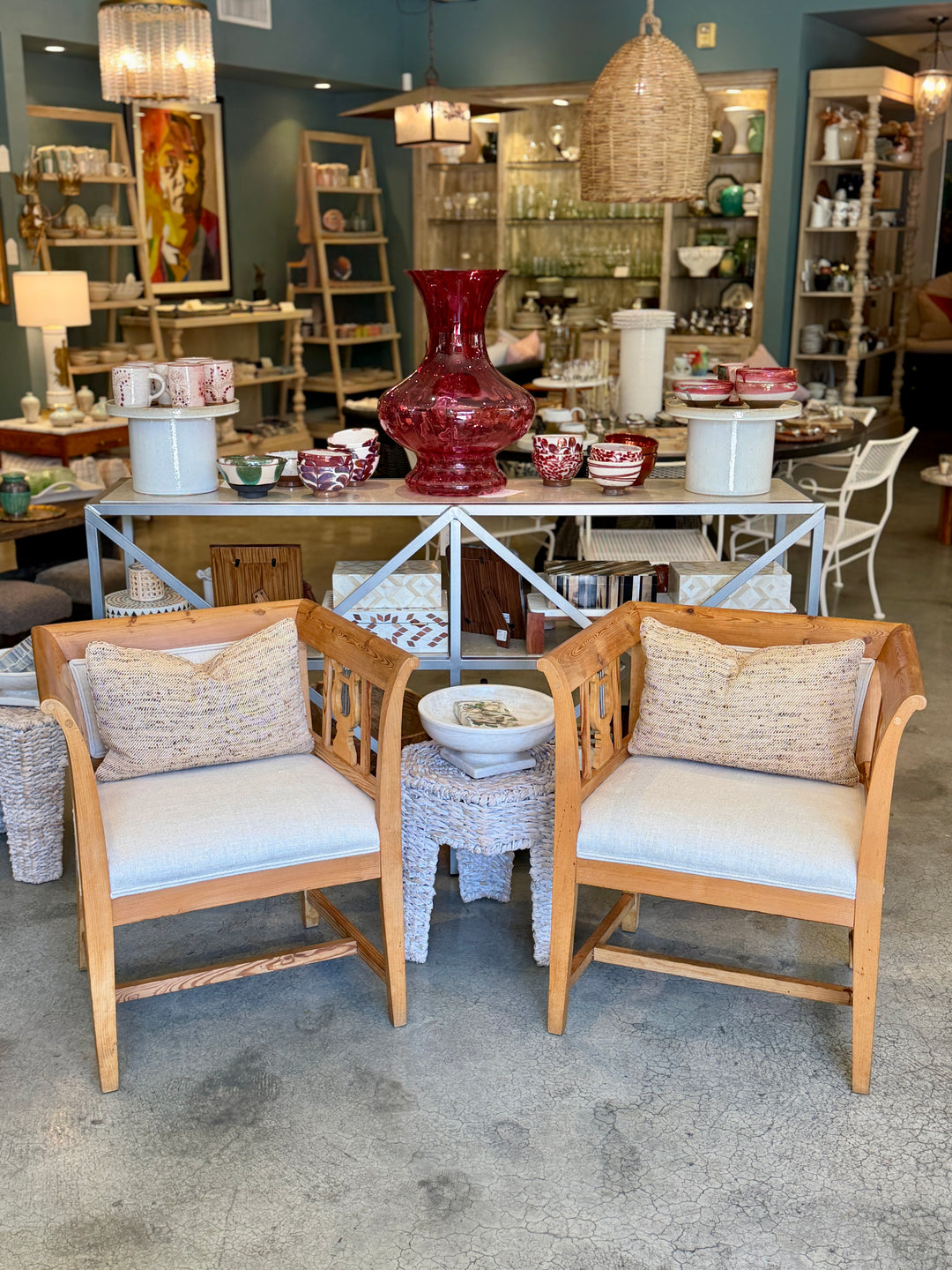 Vintage Pine Biedermeier Style Arm Chairs| Pair