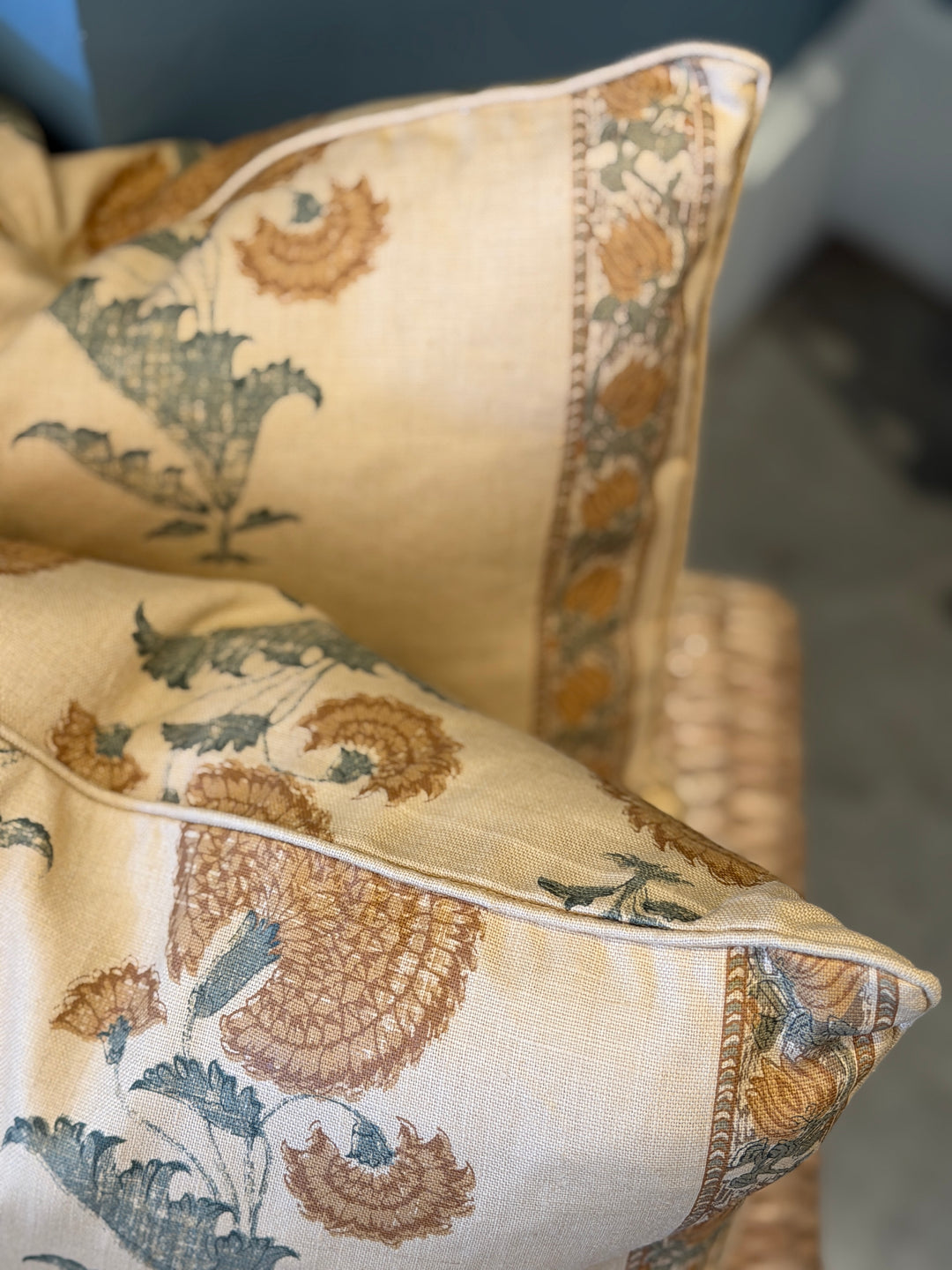 Custom 21" x 21" Pillow in a Michael Smith Jasper Block Printed Linen, Indian Flower