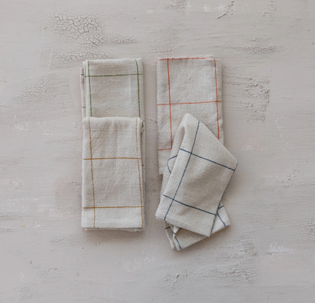 Woven Cotton Napkins with Grid Pattern, Orange | Set of 4