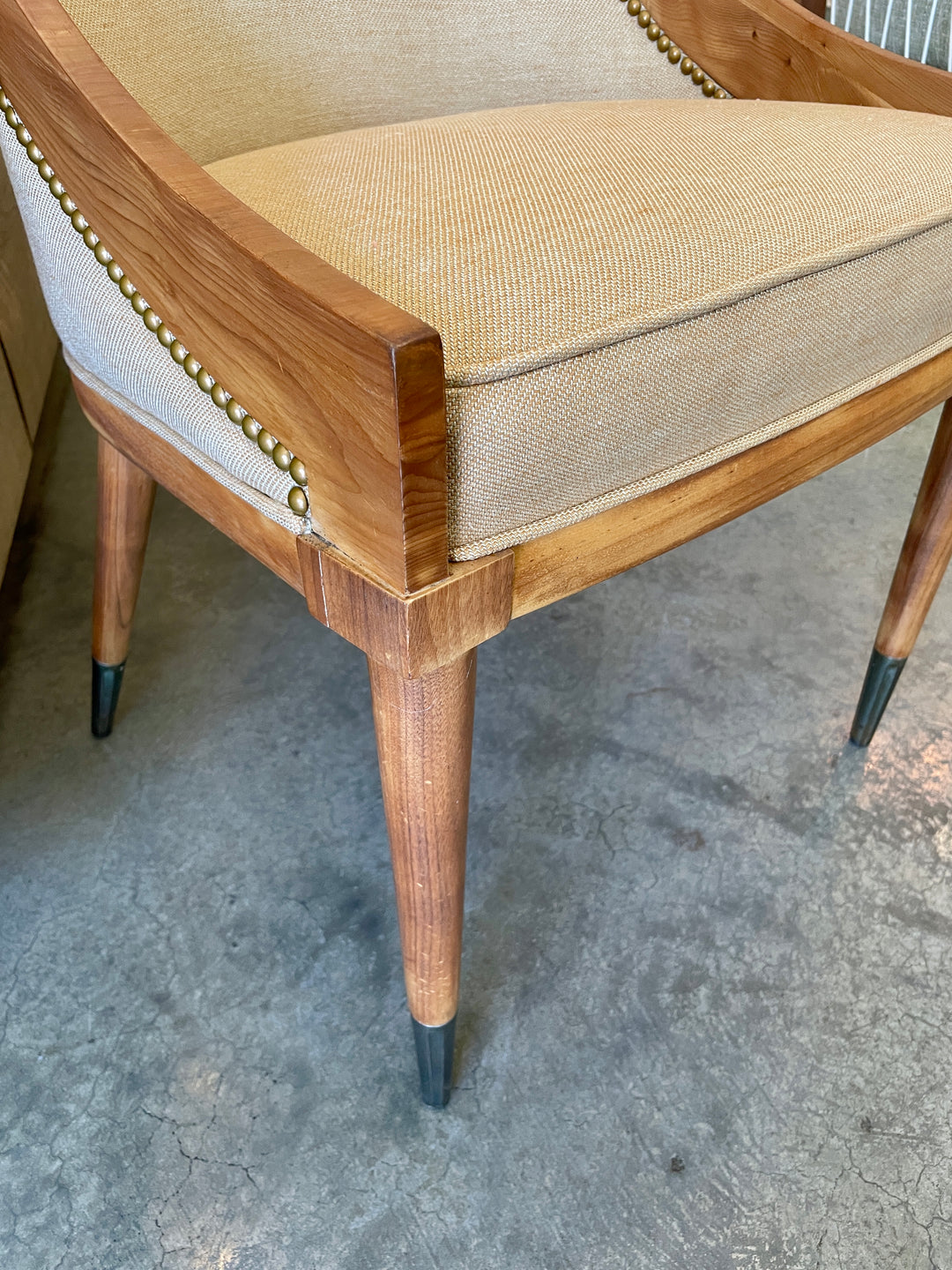 Vintage Wood Frame Side Chair, Newly Upholstered in Italian Linen w/ Nailhead Accent