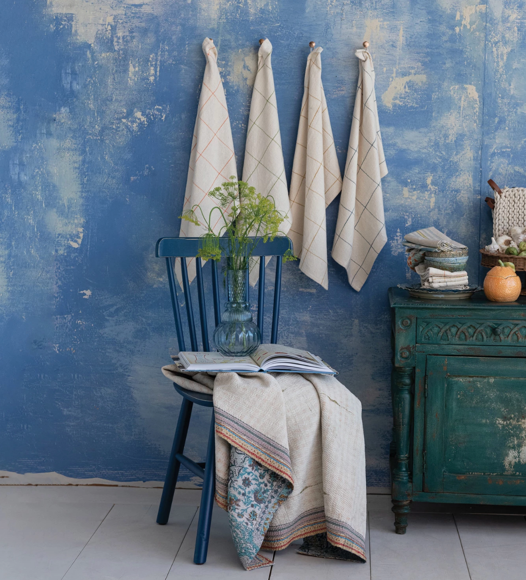 Woven Cotton Printed Tea Towel with Grid Pattern | Blue