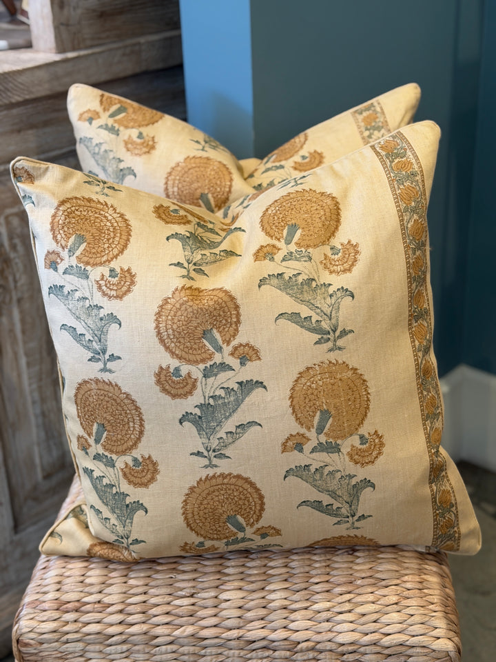 Custom 21" x 21" Pillow in a Michael Smith Jasper Block Printed Linen, Indian Flower