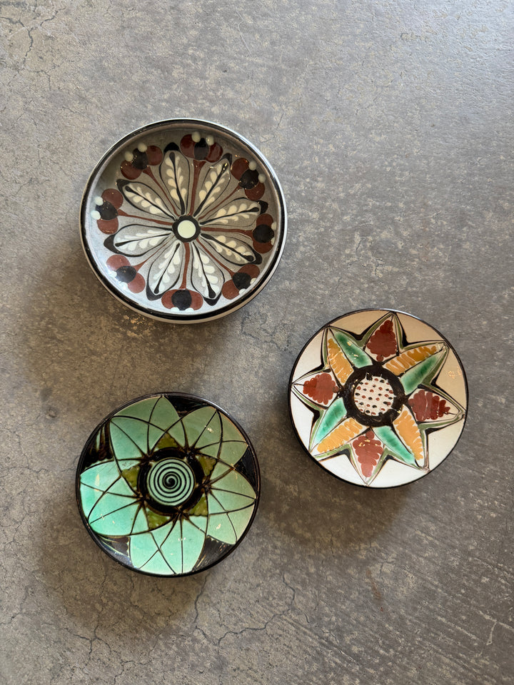 Vintage Small Flat Dish by HAK, Denmark, Signed | Green Flower w/ Spiral Center