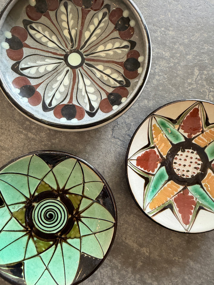 Vintage Small Flat Dish by HAK, Denmark, Signed | Green Flower w/ Spiral Center