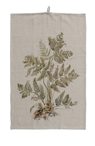 Cotton & Linen Printed Tea Towel w/ Botanical Image & Loop | B