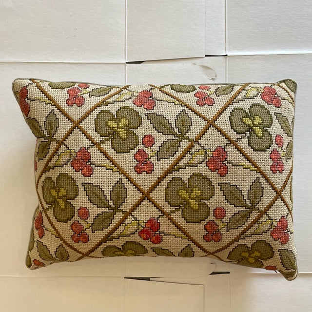 Custom 12" x 18" Pillow made from a Vintage Cross Stitch Panel (Leaves + Cherries)