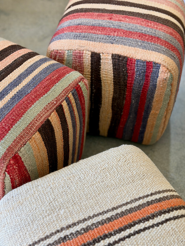 Custom 13" x 12" x 12" Cube Stool, Upholstered in Vintage Multicolor Stripe Wool Rug, Turkey