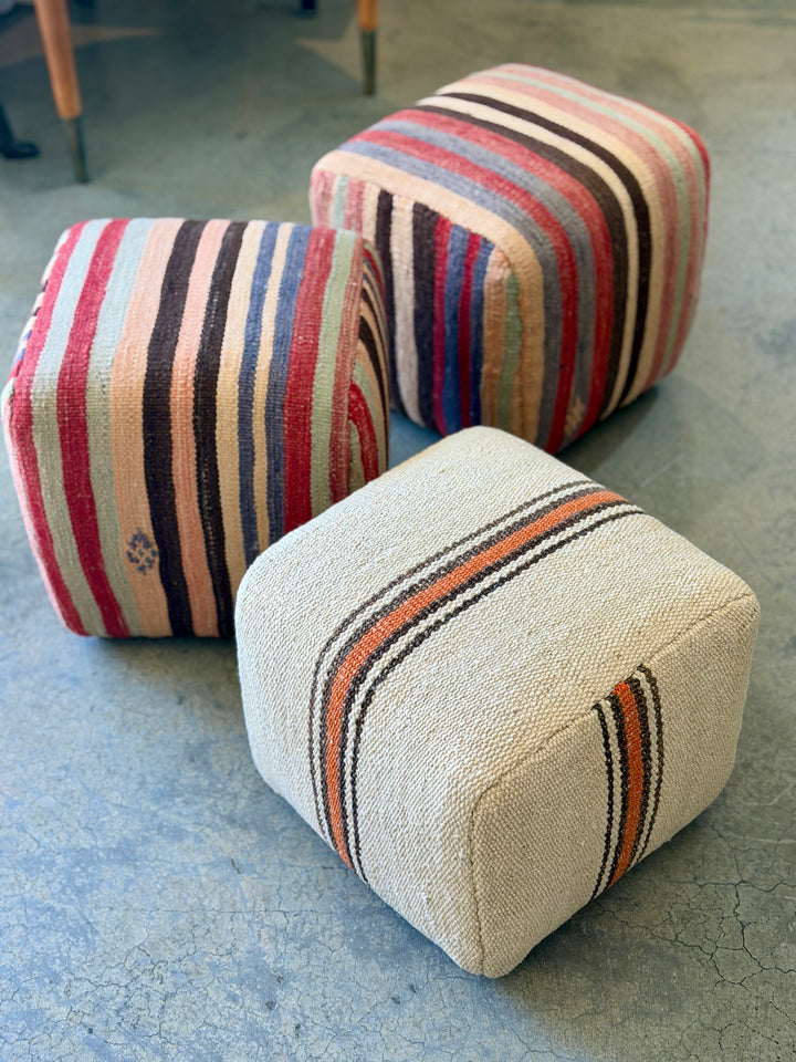 Custom 13" x 12" x 12" Cube Stool, Upholstered in Vintage Multicolor Stripe Wool Rug, Turkey