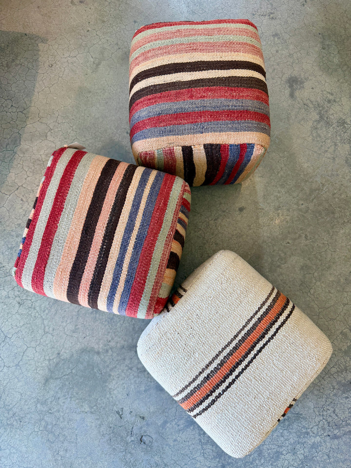 Custom 13" x 12" x 12" Cube Stool, Upholstered in Vintage Multicolor Stripe Wool Rug, Turkey