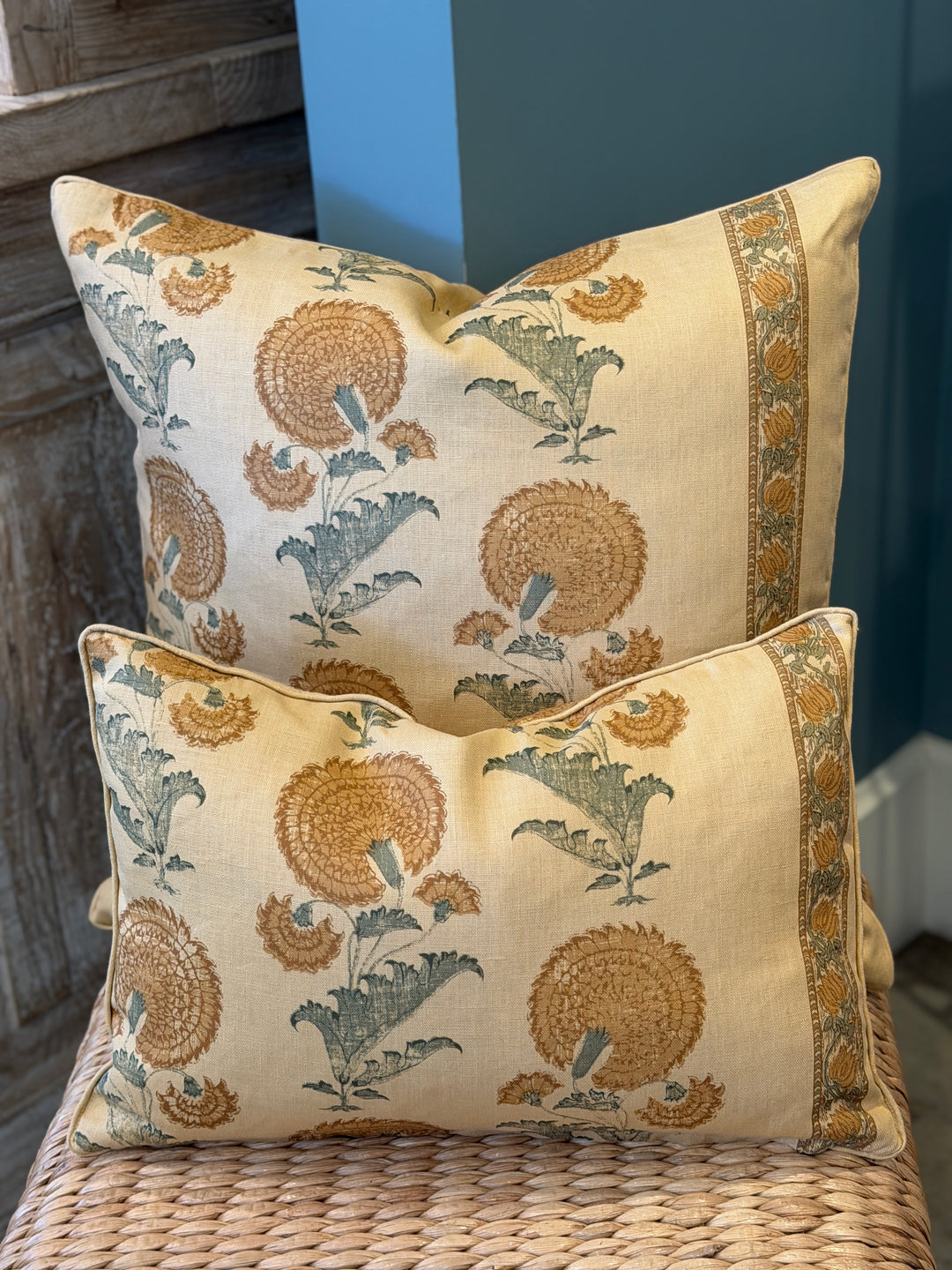 Custom 21" x 21" Pillow in a Michael Smith Jasper Block Printed Linen, Indian Flower