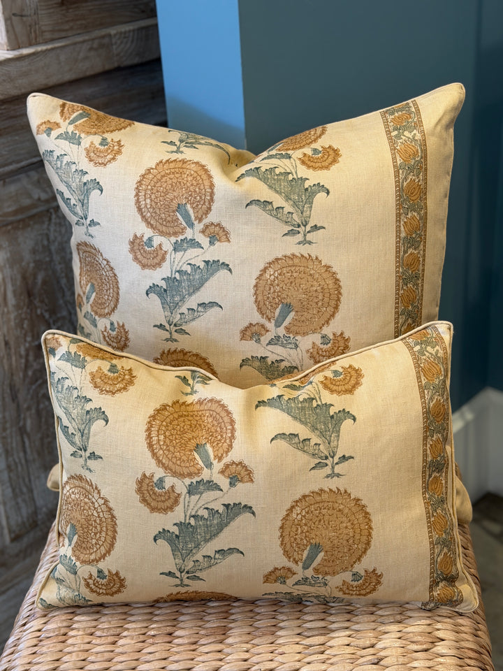 Custom 21" x 21" Pillow in a Michael Smith Jasper Block Printed Linen, Indian Flower