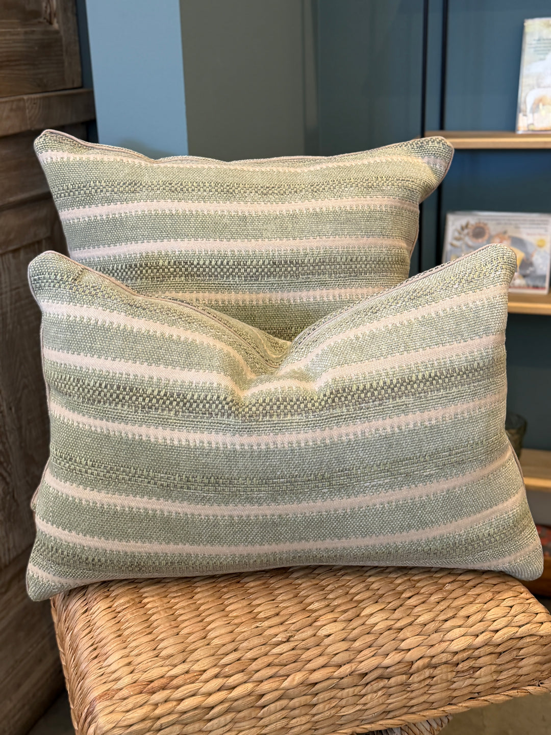 Custom 15" x 23" Pillow in a Woven Green + Flax Striped Linen/ Cotton
