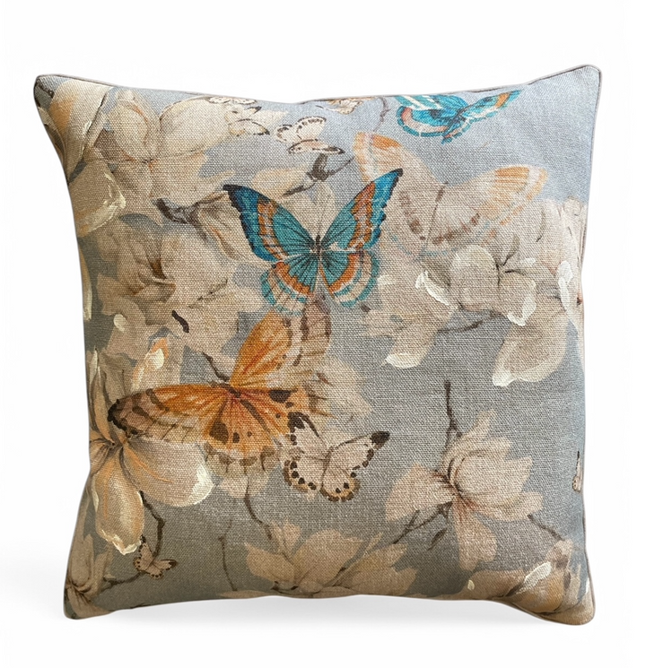 Custom 21” x 21” Pillow made from a Printed Floral and Butterfly Pattern on Linen, Italy | A