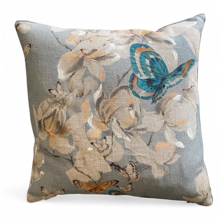 Custom 21” x 21” Pillow made from a Printed Floral and Butterfly Pattern on Linen, Italy | B