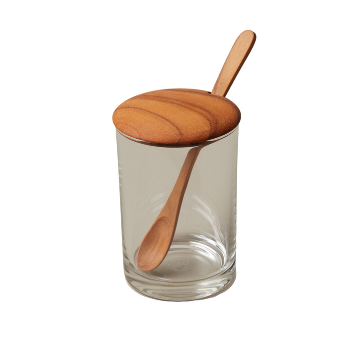 Glass Mini Cellar with Teak Lid & Spoon | Tall