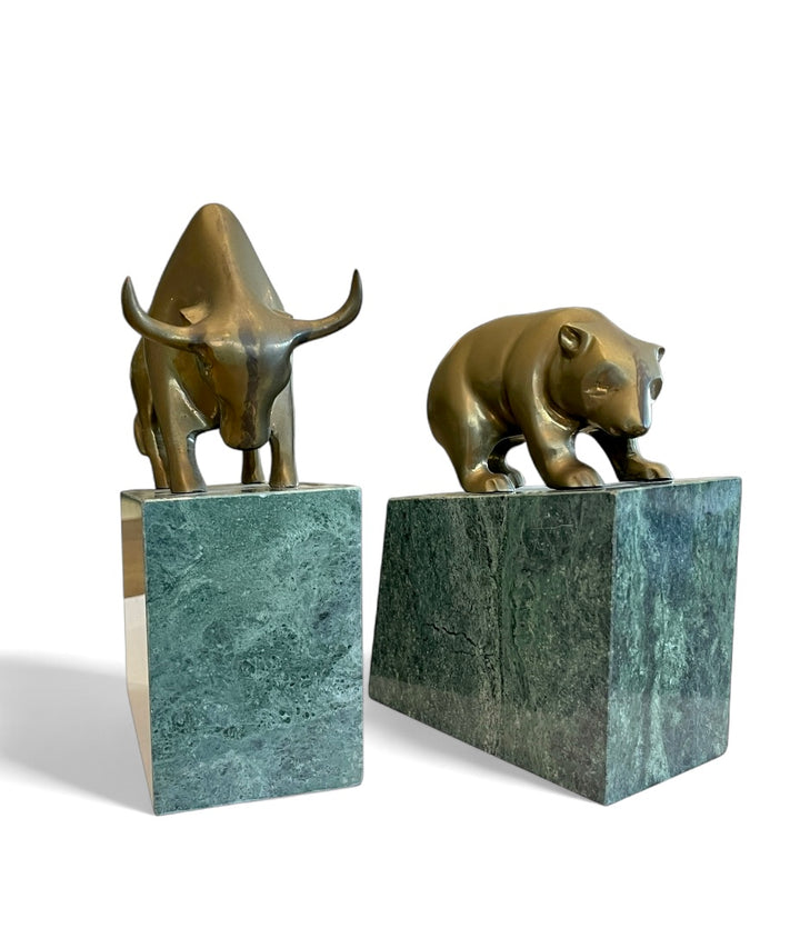 Vintage Green Marble Bookends with Solid Brass Wall Street Bear + Bull