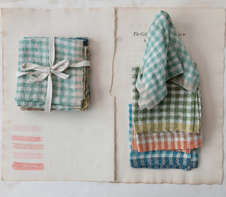 Woven Linen Cocktail Napkins, Teal  Gingham | Set of 4