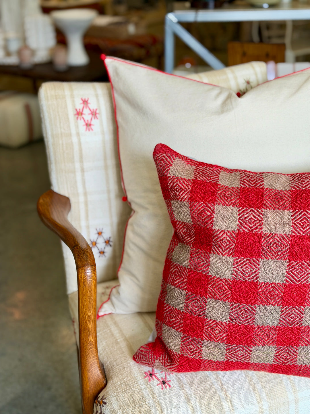Valerie Barkowski 21" x 21" Cotton Pillow w/ Hand Knotted Accents, Morocco | Crimson