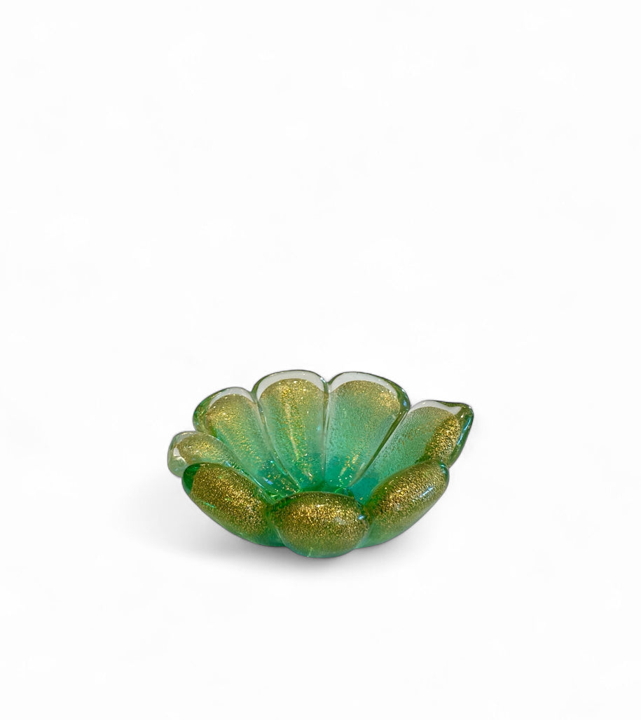 Vintage Mini Green + Gold Murano Glass Clover Dish