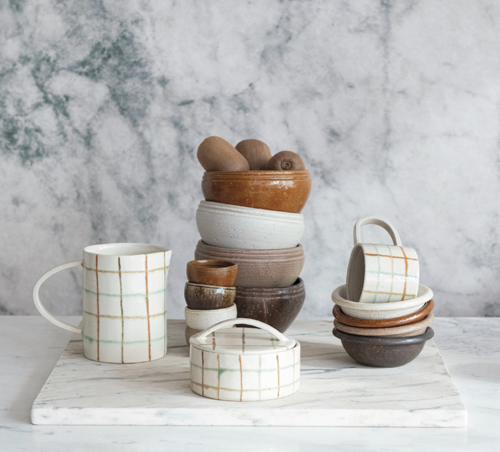 32 oz. Hand-Painted Stoneware Pitcher w/ Grid Pattern