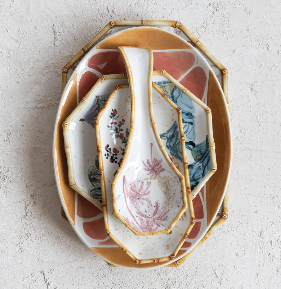 Oval Stoneware Platter with Wax Relief Design