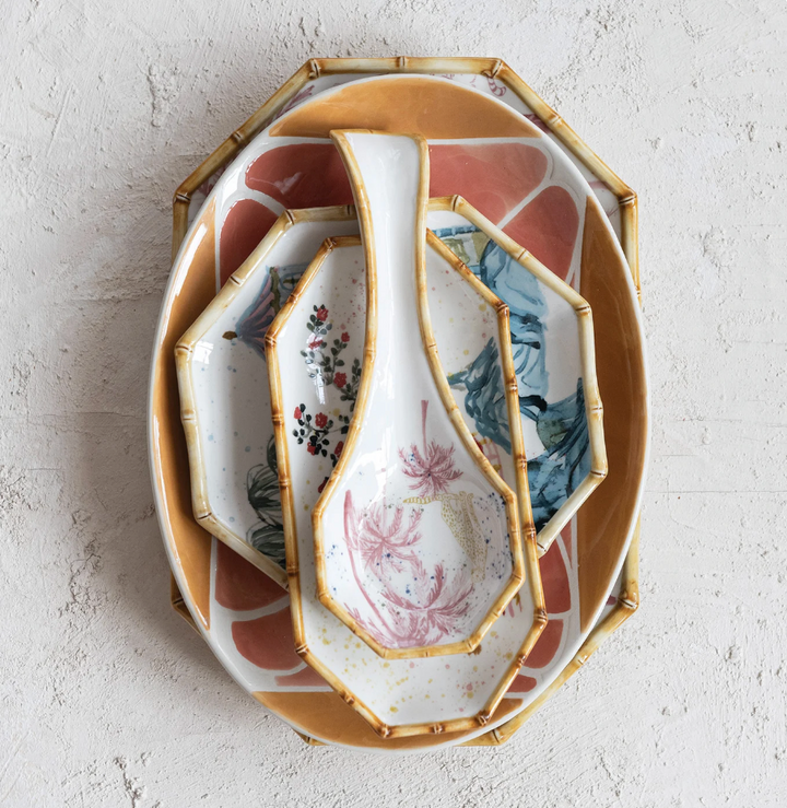Oval Stoneware Platter with Wax Relief Design
