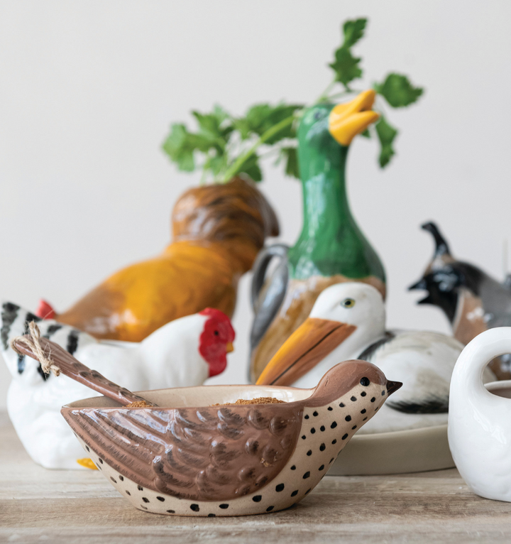 Hand-Painted Stoneware Bird Shaped Bowl + Tail Shaped Spoon