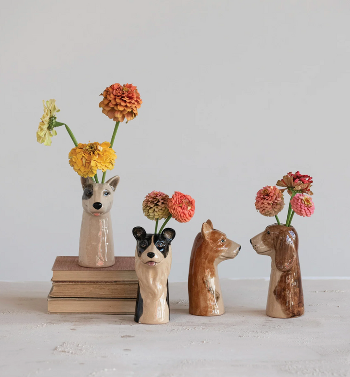6.25" Hand-Painted Stoneware Dog Vase | C