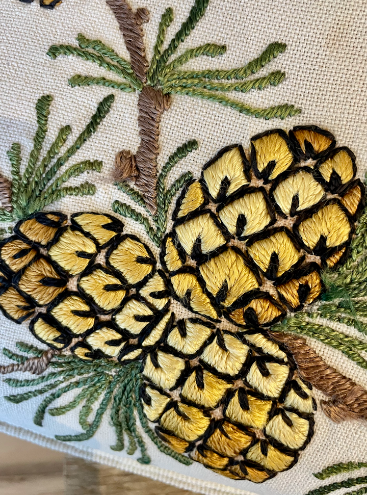 Custom 16" x 24" Pillow made from Vintage Hand Embroidered Pinecone Motif on Linen