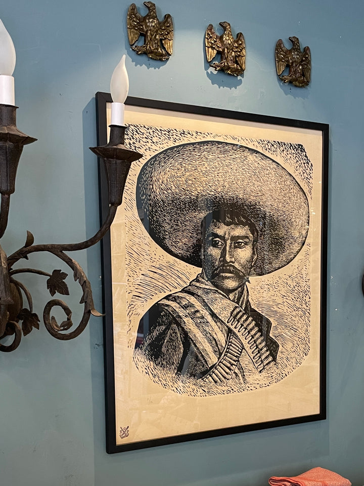 Vintage Linocut Print of Emiliano Zapata by Leopoldo Méndez (c 1947)
