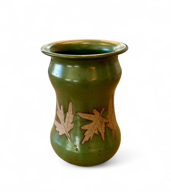 Mid-Century Hand Thrown Green Pottery Vase w/ Maple Leaves