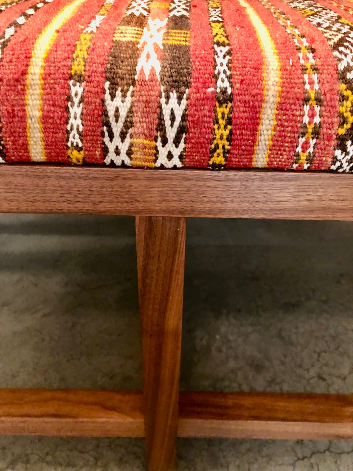 Custom Walnut Bench Newly Upholstered in Vintage Turkish Textile