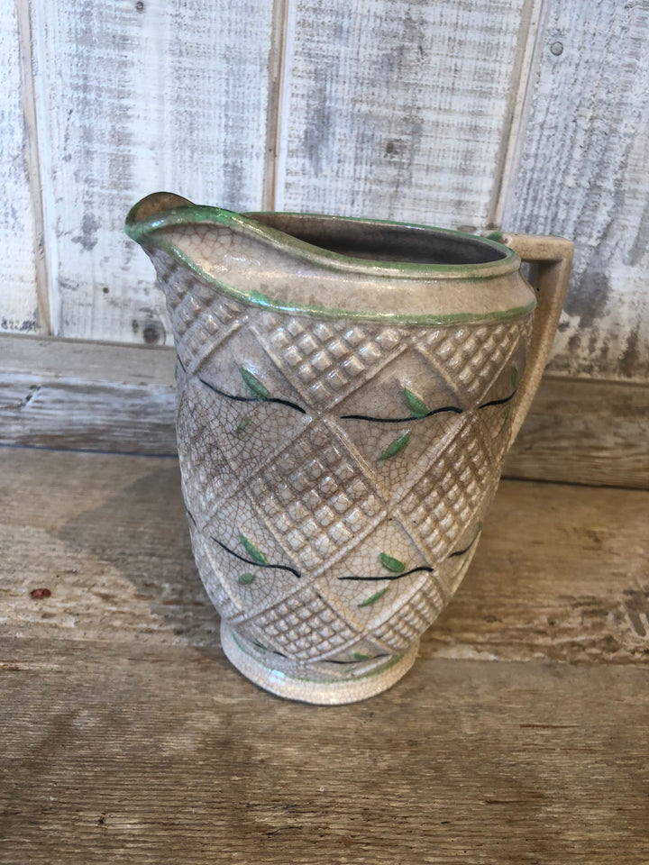 Vintage Pottery Pitcher w/ Diamond Pattern and Green Trim, Japan